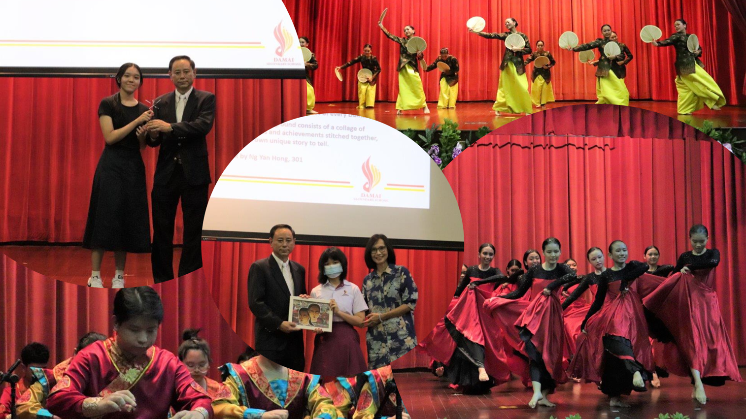 Collage of a school event showing dancers in colorful costumes on stage and award presentations before a red curtain.